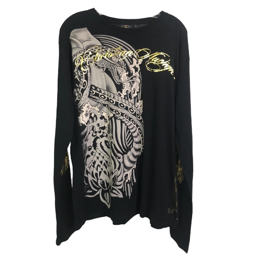 Christian Audigier Womens Top Long Sleeve Graphic Tee Pullover Black Crew Neck L